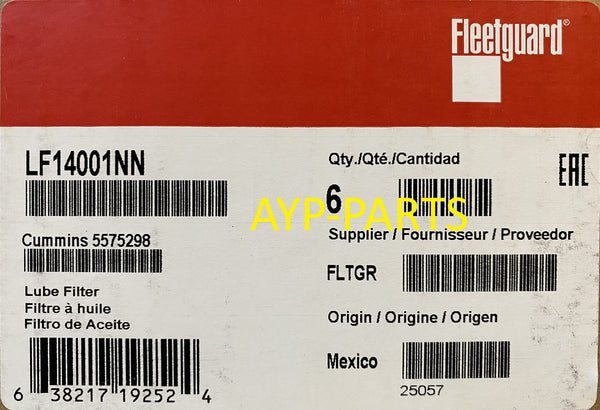LF14001NN (CASE OF 6) FLEETGUARD OIL FILTER B40145 CUMMINS ISX ISM QSX QSM ENGINES a010