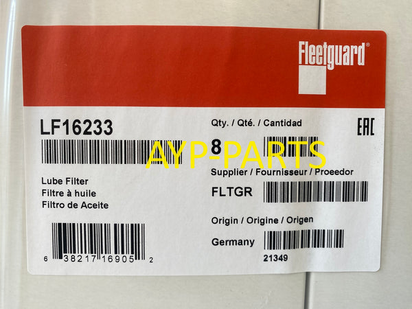 LF16233 (CASE OF 8) FLEETGUARD OIL FILTER P40019 Paccar MX and MX13 Engines a114