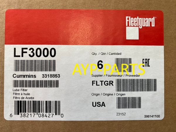 LF3000 (CASE OF 6) FLEETGUARD OIL FILTER BD103 For Cummins Engines, Komatsu International a155